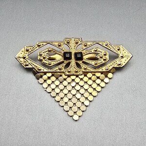 VTG Art Deco Chainmail Bib & Black Glass Brooch 2.5" Antique Brass Pressed Metal